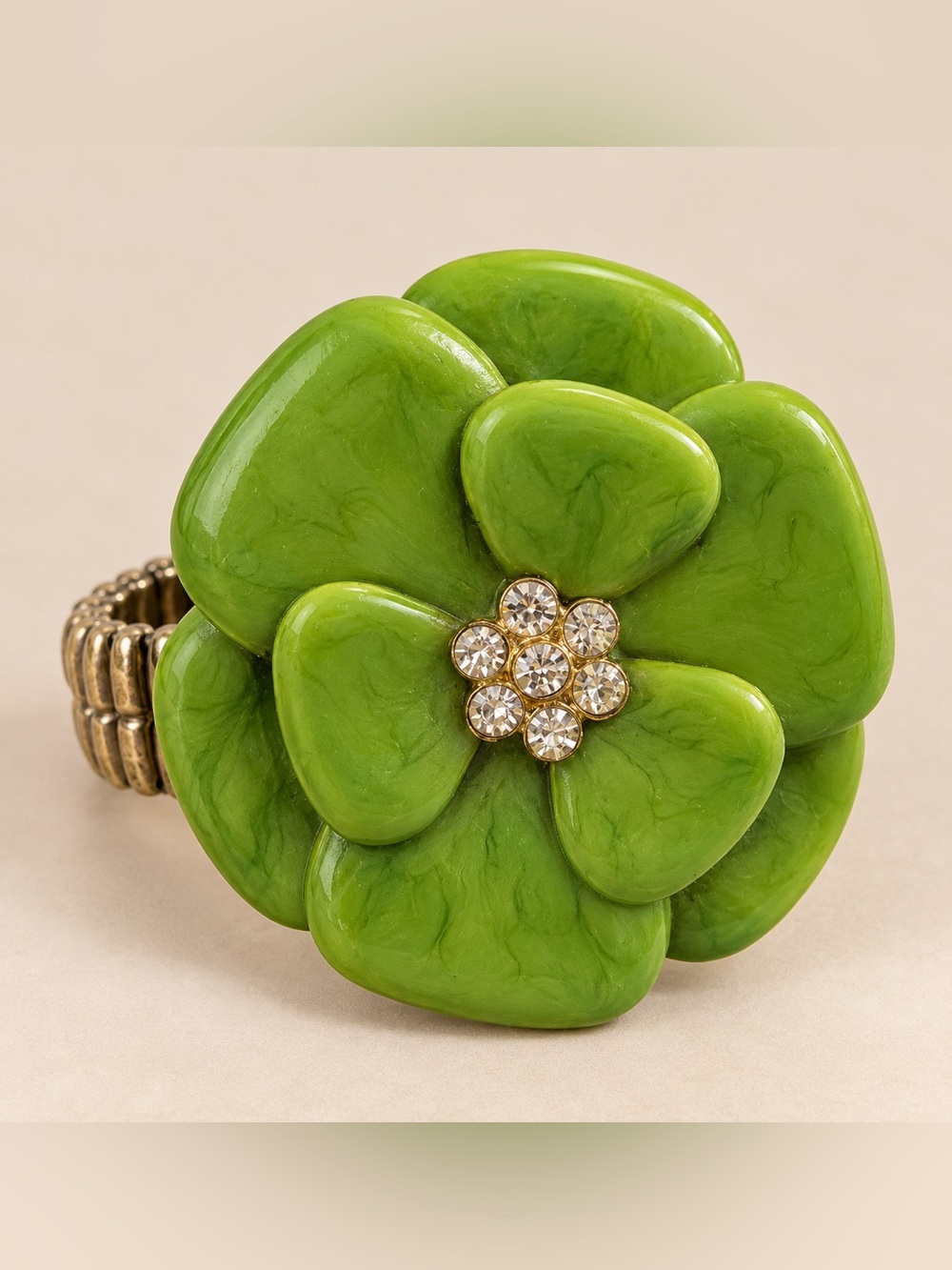 Apple Green Flower Statement Ring Rhinestone Stretch Band Retro Mod
